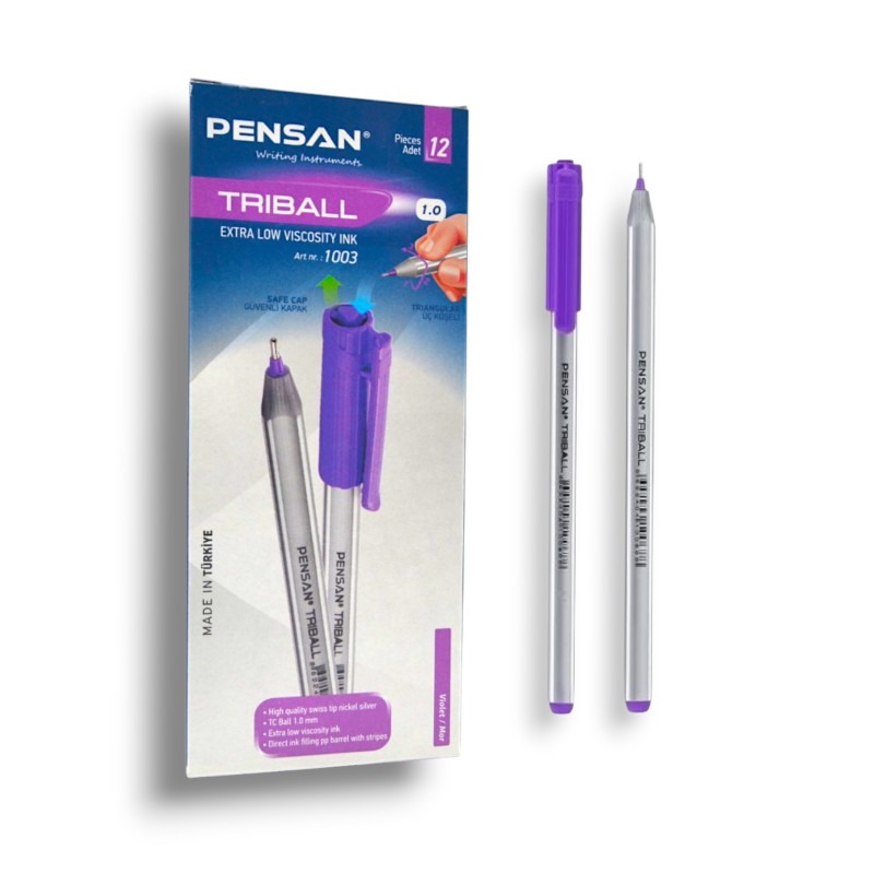 PAQUET DE 12 STYLOS A BILLE PENSAN TRIBALL VIOLET - 1