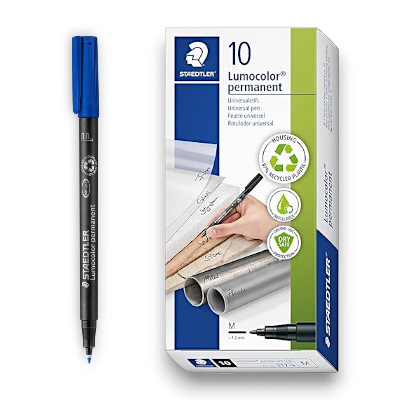 PAQUET DE 10 MARQUEURS PERMANENT PEN M LUMOCOLOR STAEDTLER BLEU - 1